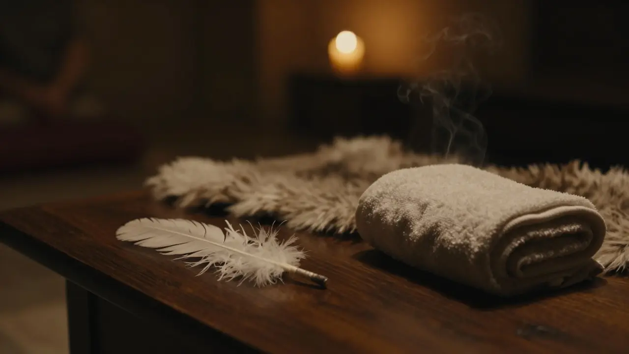 Detail peřínka a kožešiny v tlumeném osvětlení svíček v tantrickém rituálu.