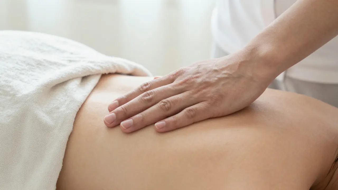Detail ruky maséra na rameni klienta symbolizující bezpečí a důvěru.