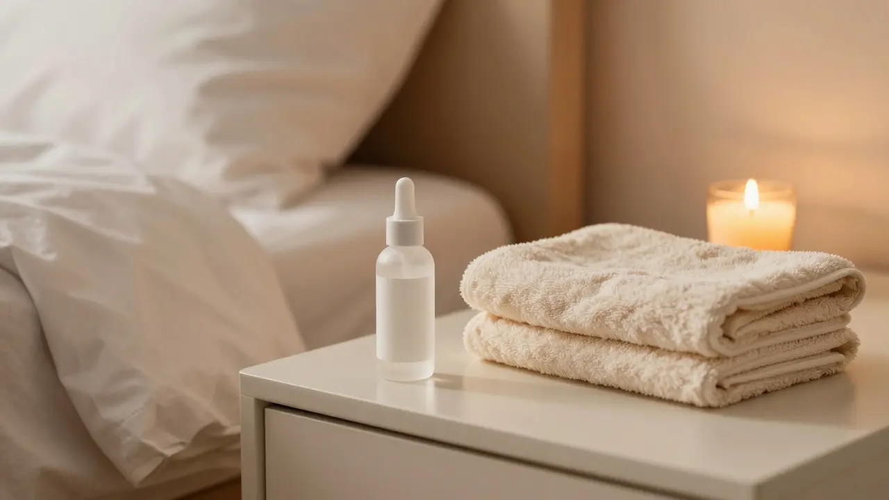Klidné prostředí v ložnici s lubrikantem a svíčkou pro relaxaci.