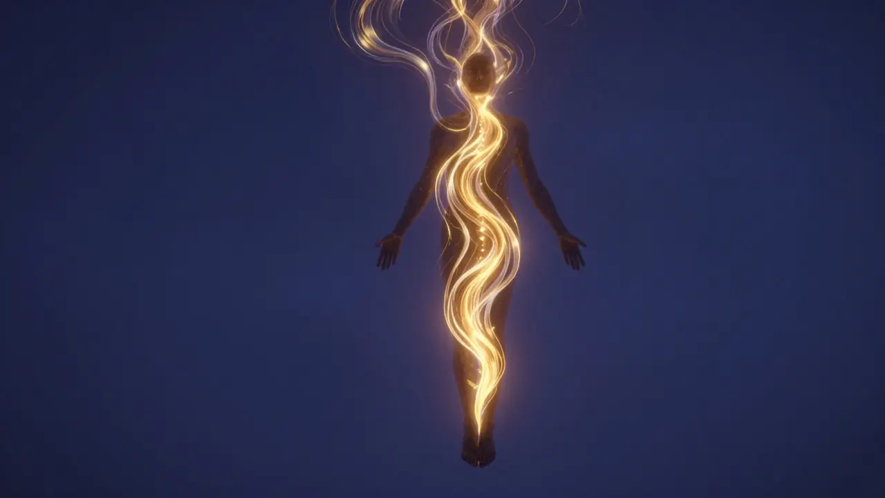 Konceptuální zobrazení proudění zlaté energie z páteře směrem k temeni hlavy.