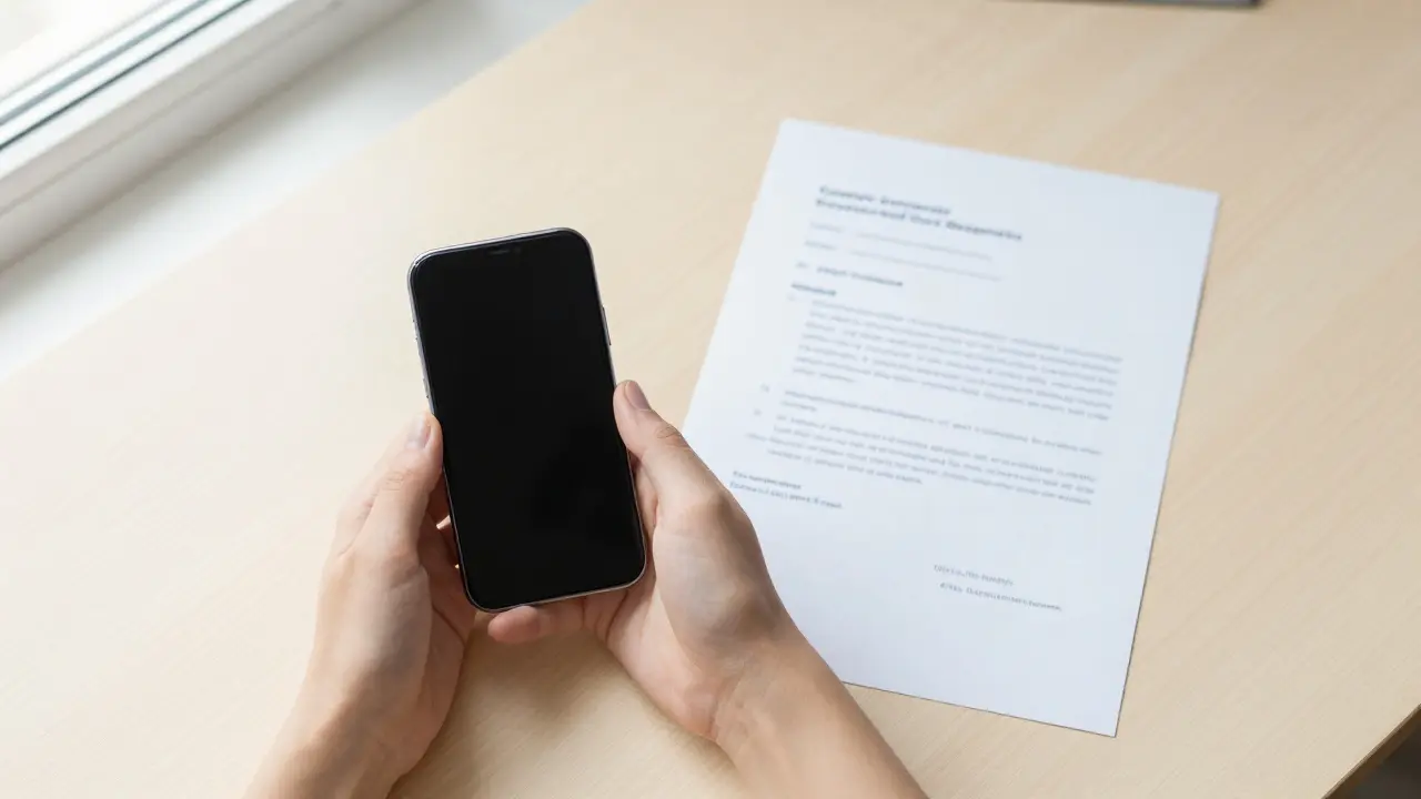 Ruka s mobilem a dokumenty k reklamaci služby na stole.