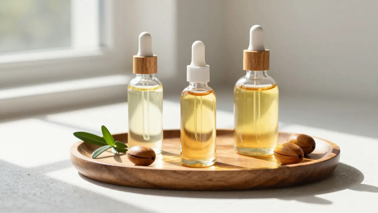 Sada různých masážních olejů v elegantních lahvičkách na dřevěném podnose.