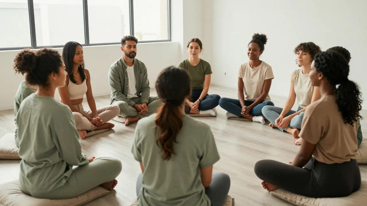 Skupina masérů během podporného debriefingu v moderním studiu.