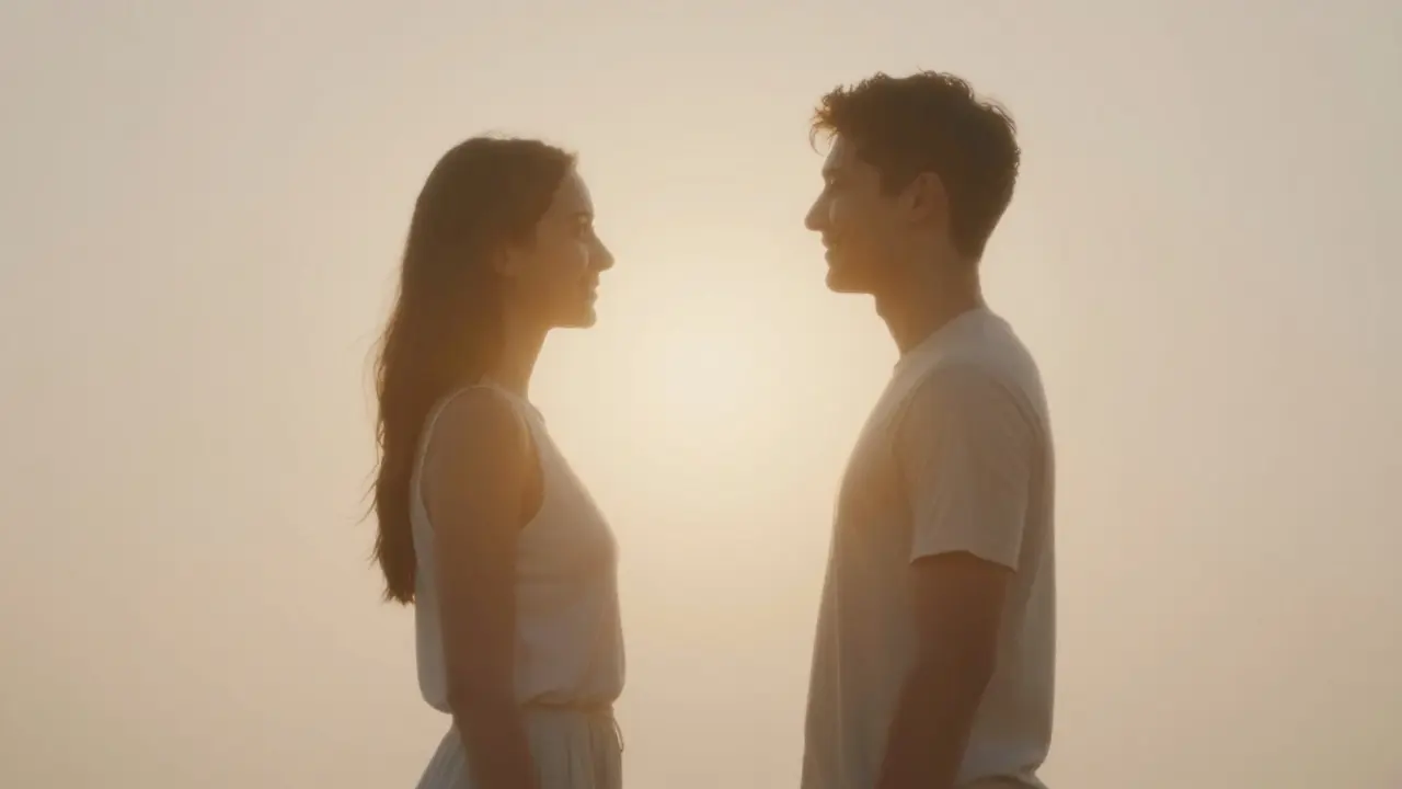 Symbolické setkání dvou osob při společném dýchání a očním kontaktu.