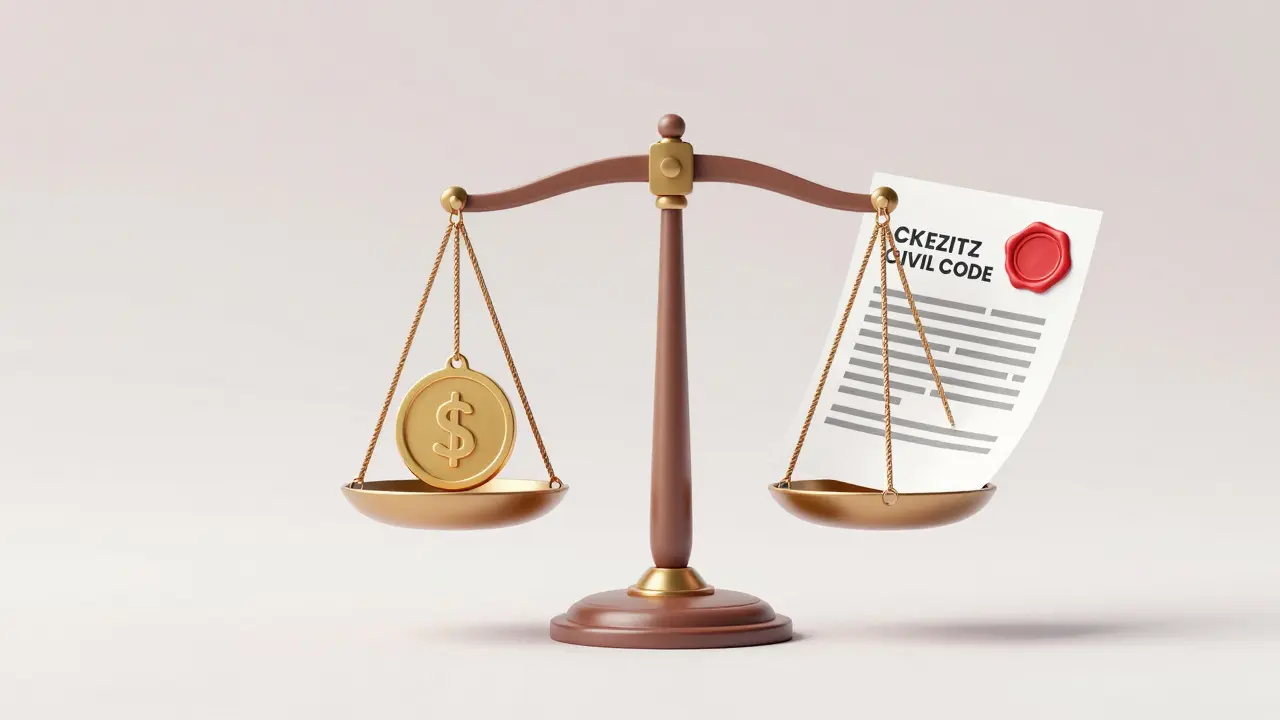 Symbolika váhy spravedlnosti a právního dokumentu spotřebitele.