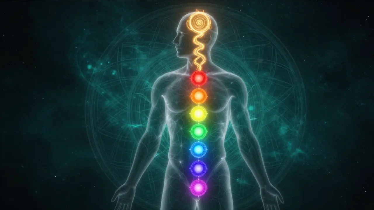 Translucentní postava s vyobrazením svítících čaker a stoupající kundalini energie.