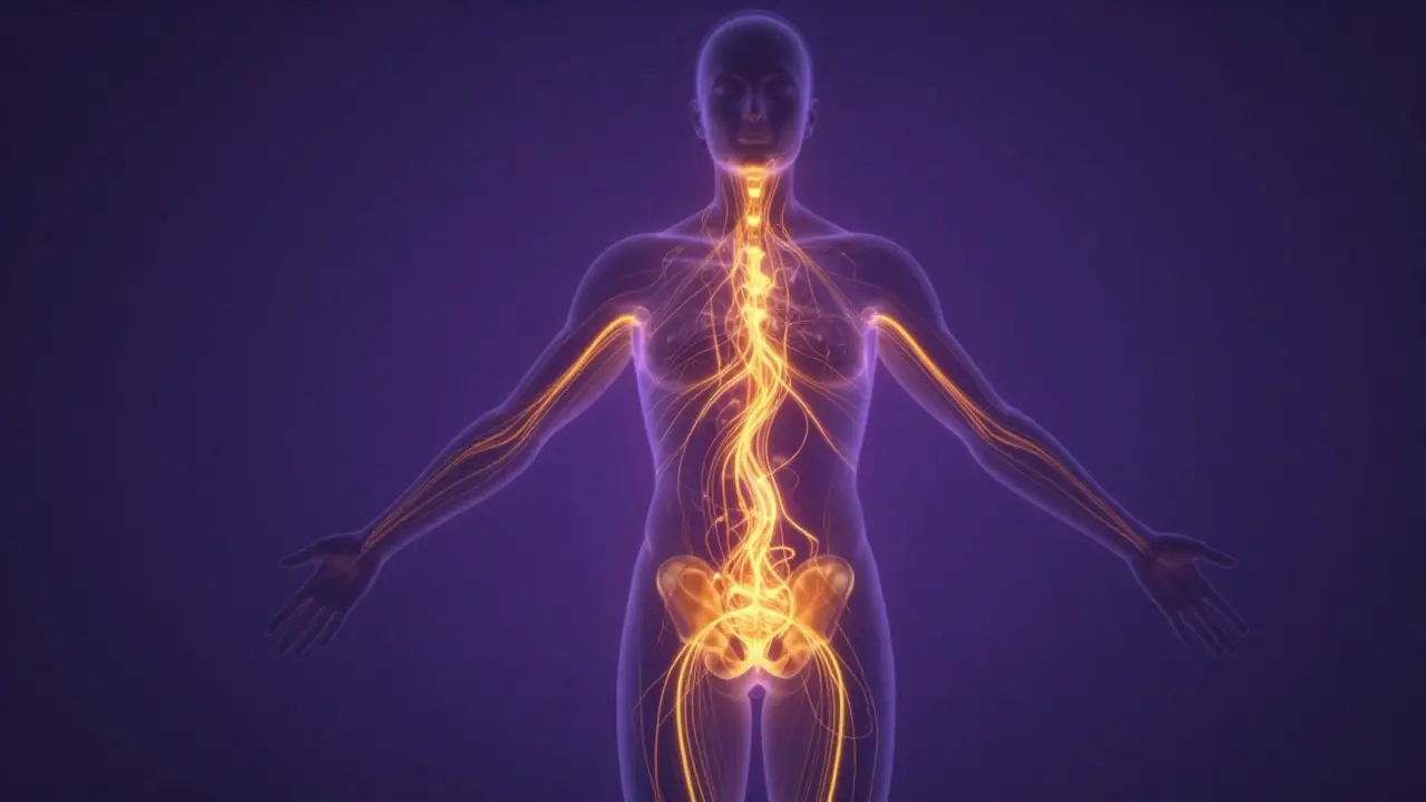 Umělecký obraz zlaté energie proudící z pánvového centra skrz celé tělo.