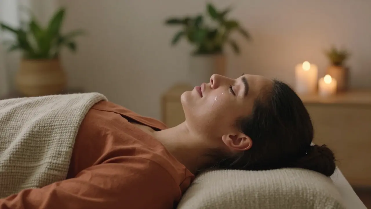 Žena v terapeutickém prostředí prožívající emocionální uvolnění a úlevu.