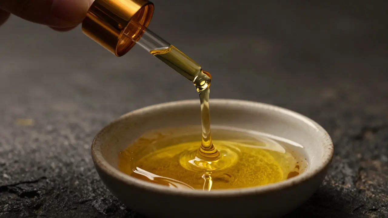 Zlatý arganový olej stékající z kapátka do keramické misky.