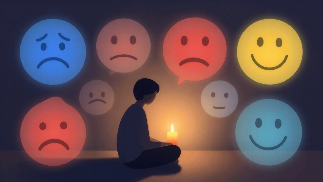 Abstraktní ilustrace emocí jako barevné tvary kolem osoby